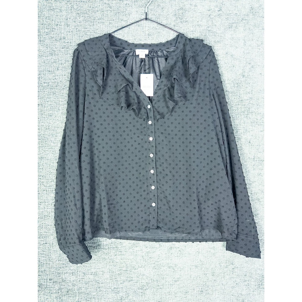 NWT J.Crew Ruffle V-Neck Blouse Womens M Black Polka Dot Chiffon Button Down Top